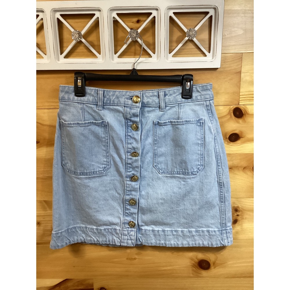 Free Assembly Womens Light Wash Denim Button Front Mini Skirt Gold Buttons Sz 4